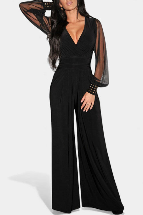 Élancia™ - Chic Black Fluid Jumpsuit Featuring Sheer Sleeves