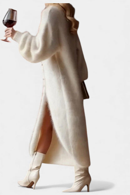 Méthilde Faux Fur Midi Dress with Knitted Design and Metal Buttons