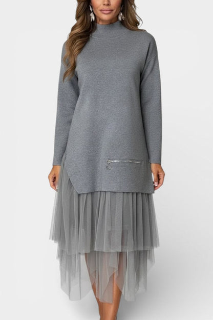 High Collar Fiorenza Knit and Tulle Dress