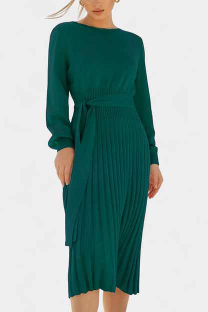Chloéria Belted Midi Dress with Pleated Design and Ribbed Knit