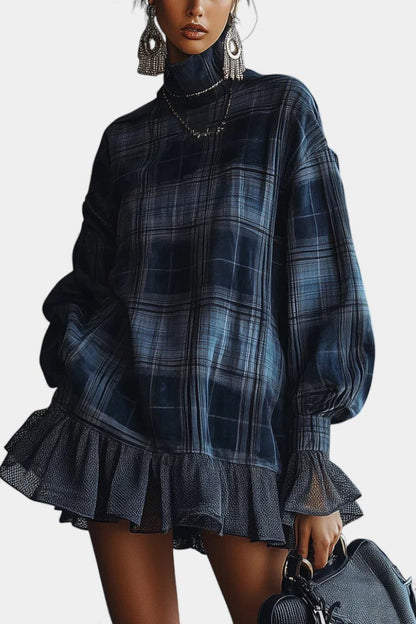 Blue Check Knit Alvetina Mini Dress with High Collar