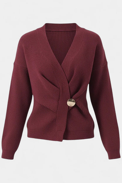 Céline V-Neck Ribbed Knit Wrap Cardigan with Asymmetrical Hem