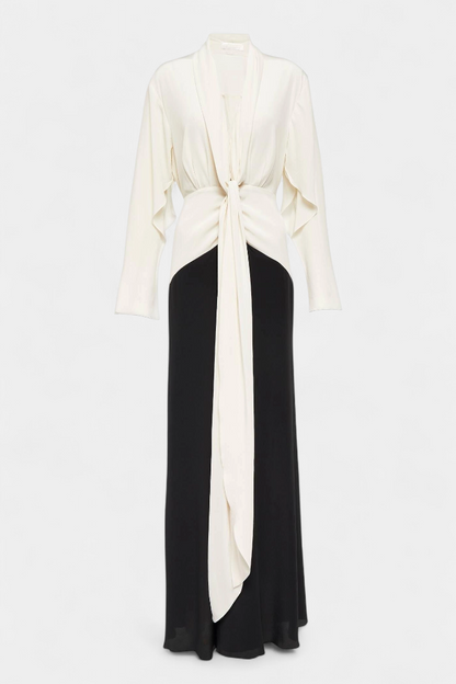 Slyune Two-Tone Long Sleeve Maxi Dress with Deep V-Neck