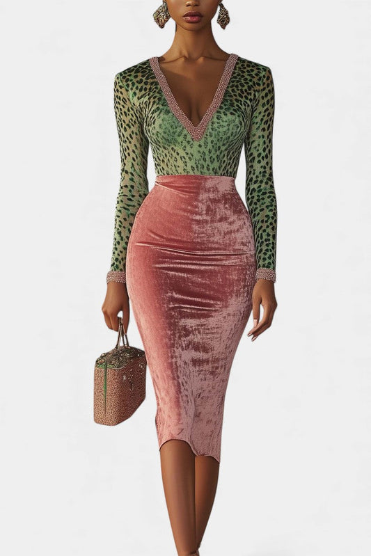 Bernarda Leopard Print Midi Bodycon Dress in Pink and Green Velvet