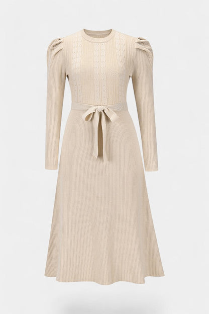 Évoria Puff Sleeve Midi Knit Dress with Lace Accents