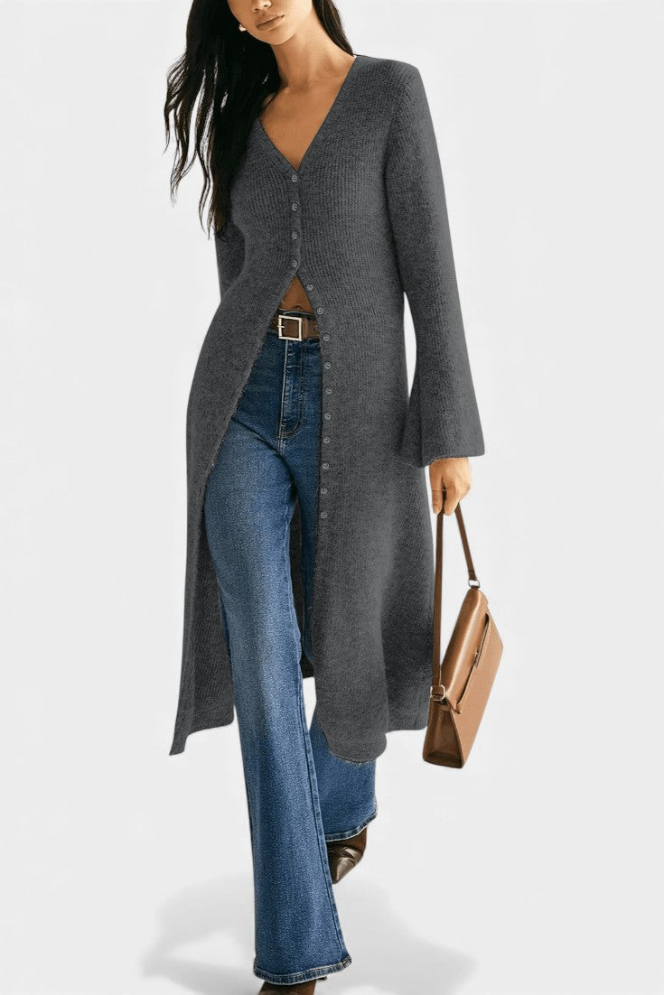 Dorénia V-Neck Midi Sweater Dress with Side Slit