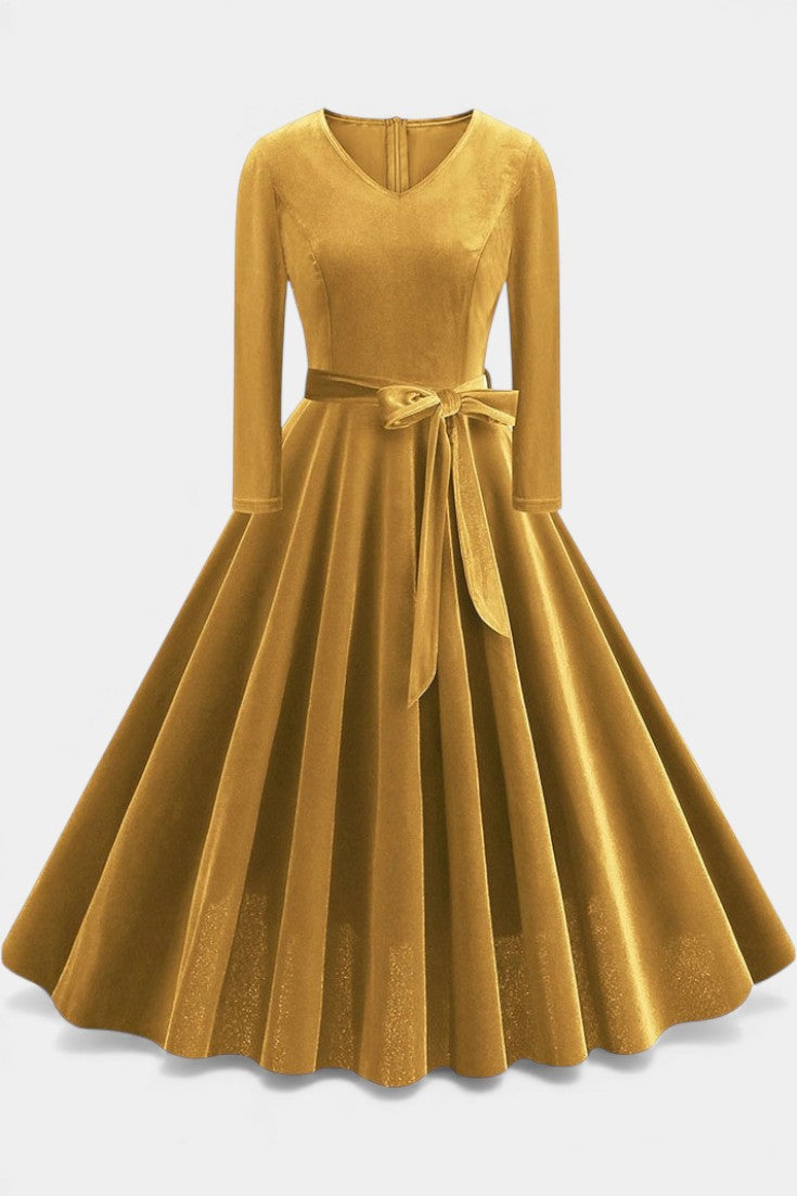 Almena V-Neck Midi Velvet Dress - Elegant and Perfect for Festive Occasions
