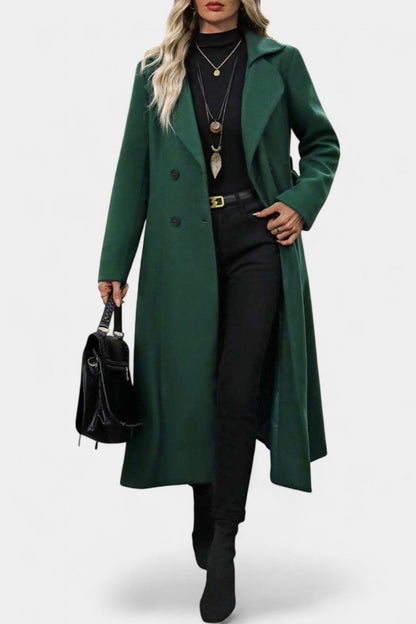 Mélissandre Double-Breasted Long Coat with Notched Collar and Check Pattern