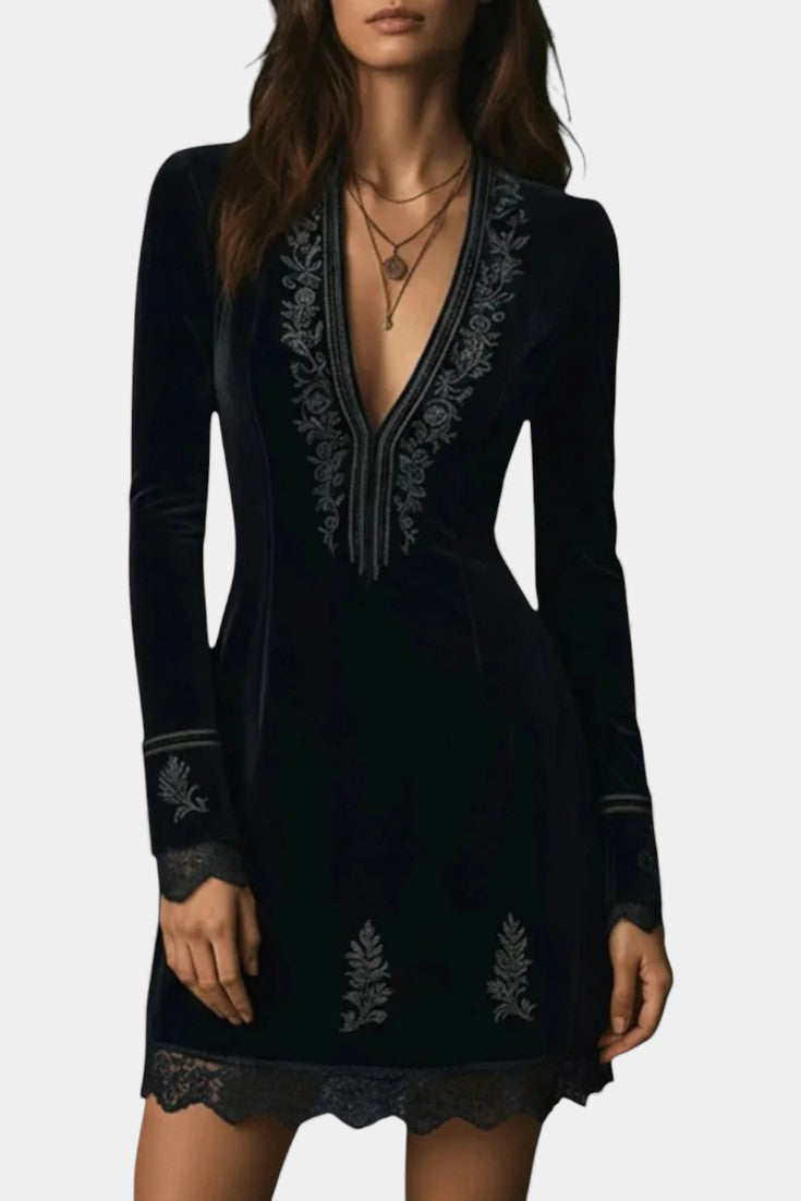 Pharélia Velvet Dress with Deep V-Neck and Embroidery