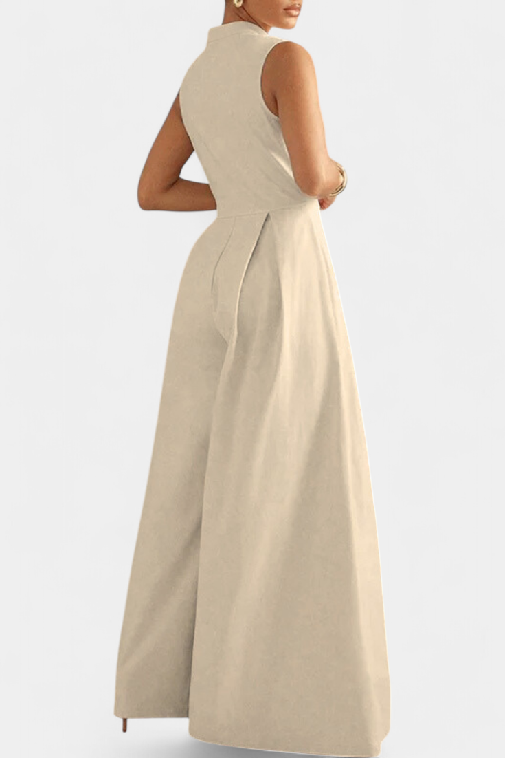 Blanca™ - Pleated Wide Leg Jumpsuit with Round Neck