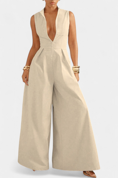 Blanca™ - Pleated Wide Leg Jumpsuit with Round Neck
