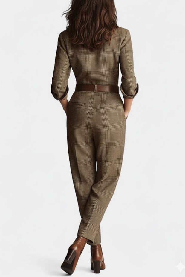 Cali™ - Brown Checkered Tweed Jumpsuit with Adjustable Belt